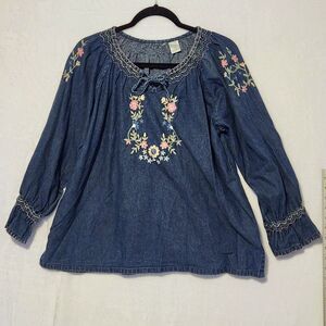 New Direction Y2K Blouse Women's 2X Denim Peasant Top Floral Embroidered Boho